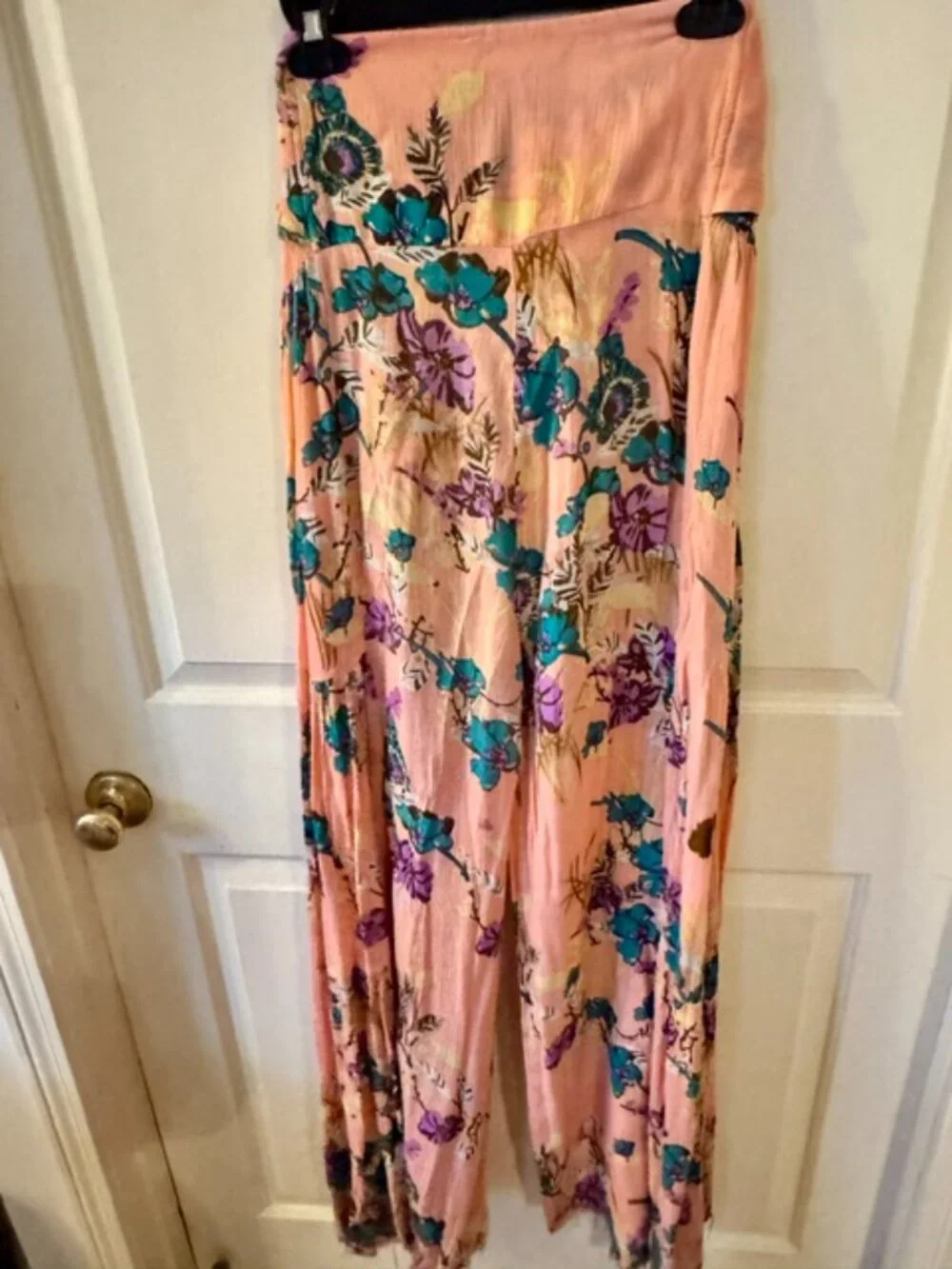 Free People FP Aloha One Boho Chick Floral Print Wide Leg Pants Light Pink Large